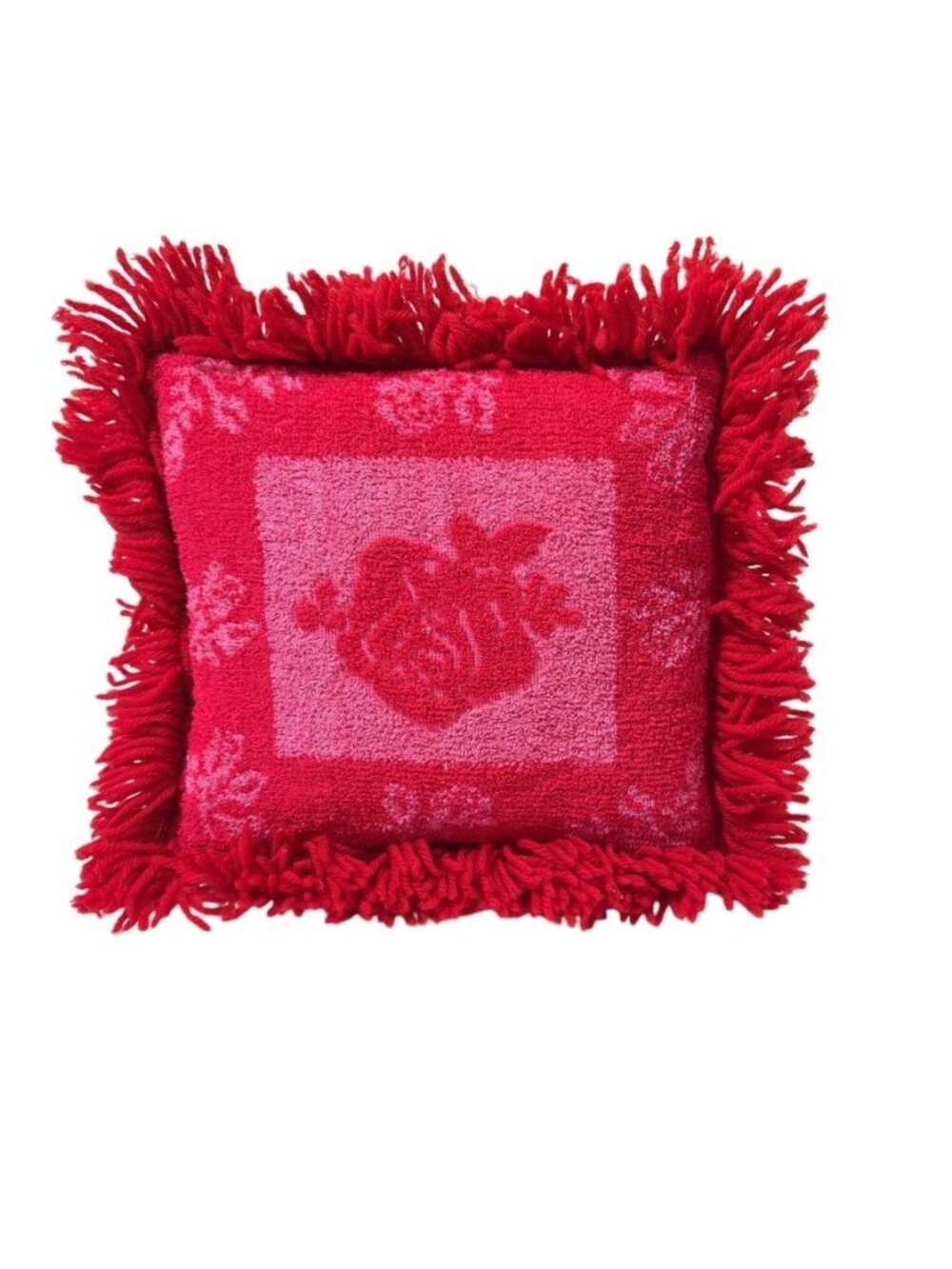 Terry Cloth Throw Pillow Red Hot Pink Rose 14"x14" Fringe 2-Sided Boho Vintage